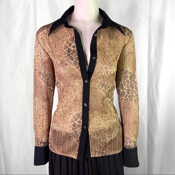 BUTTON DOWN SHIRT ANIMAL PRINT BROWN SHEER CHIFFON TOP LONG SLEEVE  BLOUSE SMALL - Picture 10 of 17